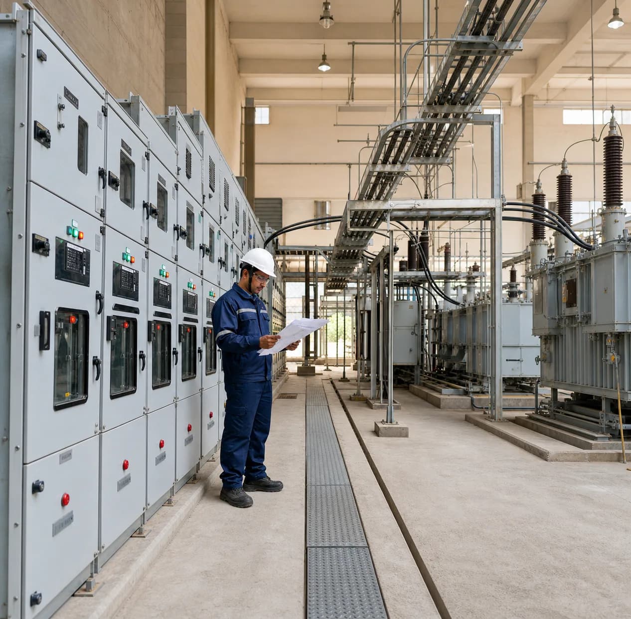 An electrical engineer reviewing project drawings beside industrial switchgear