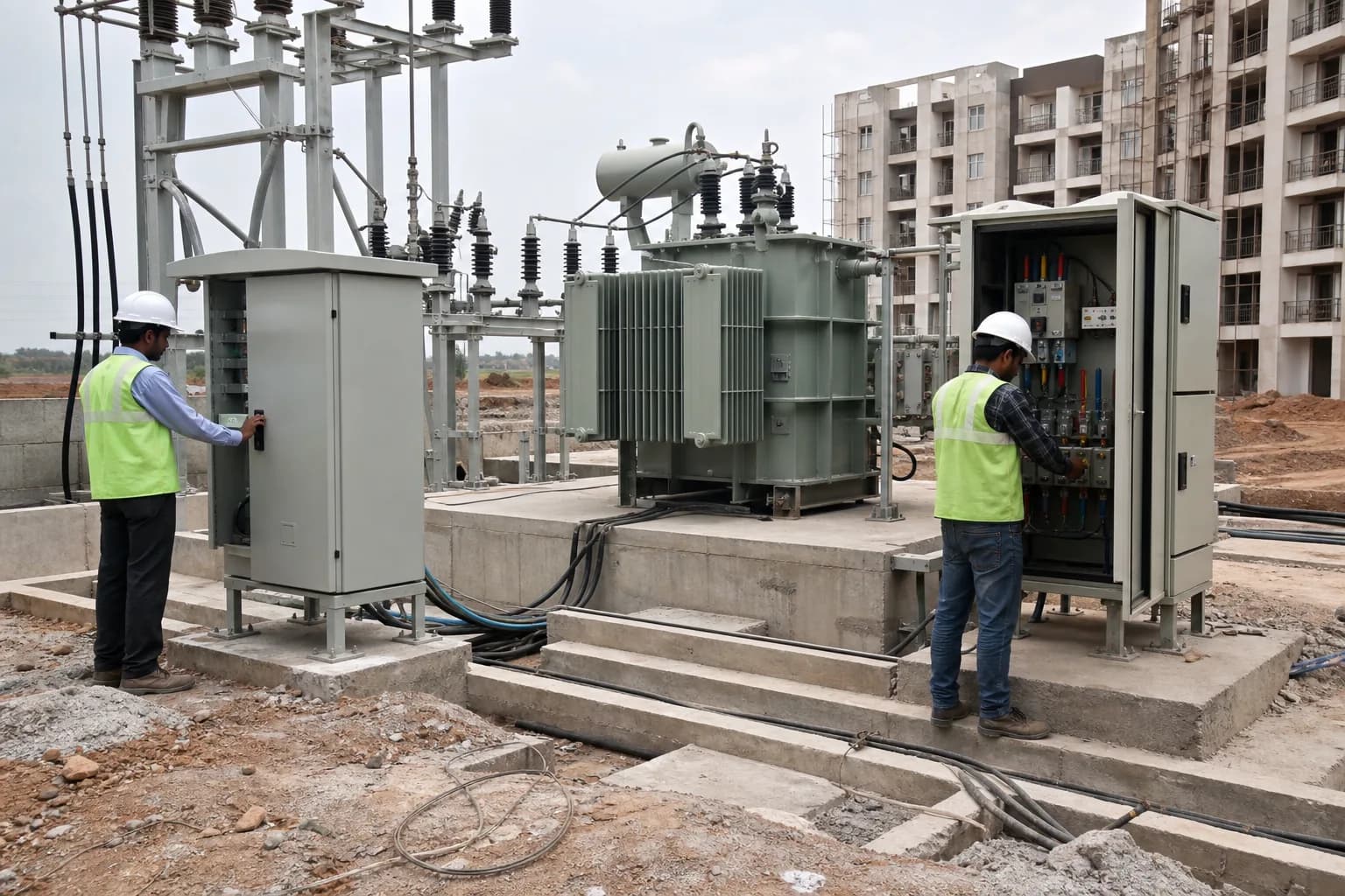 Technicians commissioning an HT substation beside a housing development