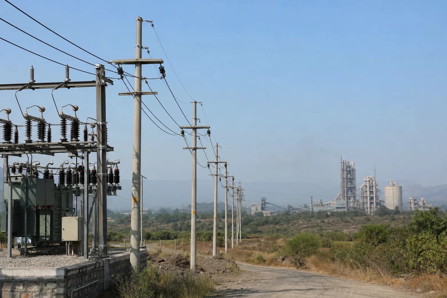An express electrical feeder running from a substation toward a cement plant
