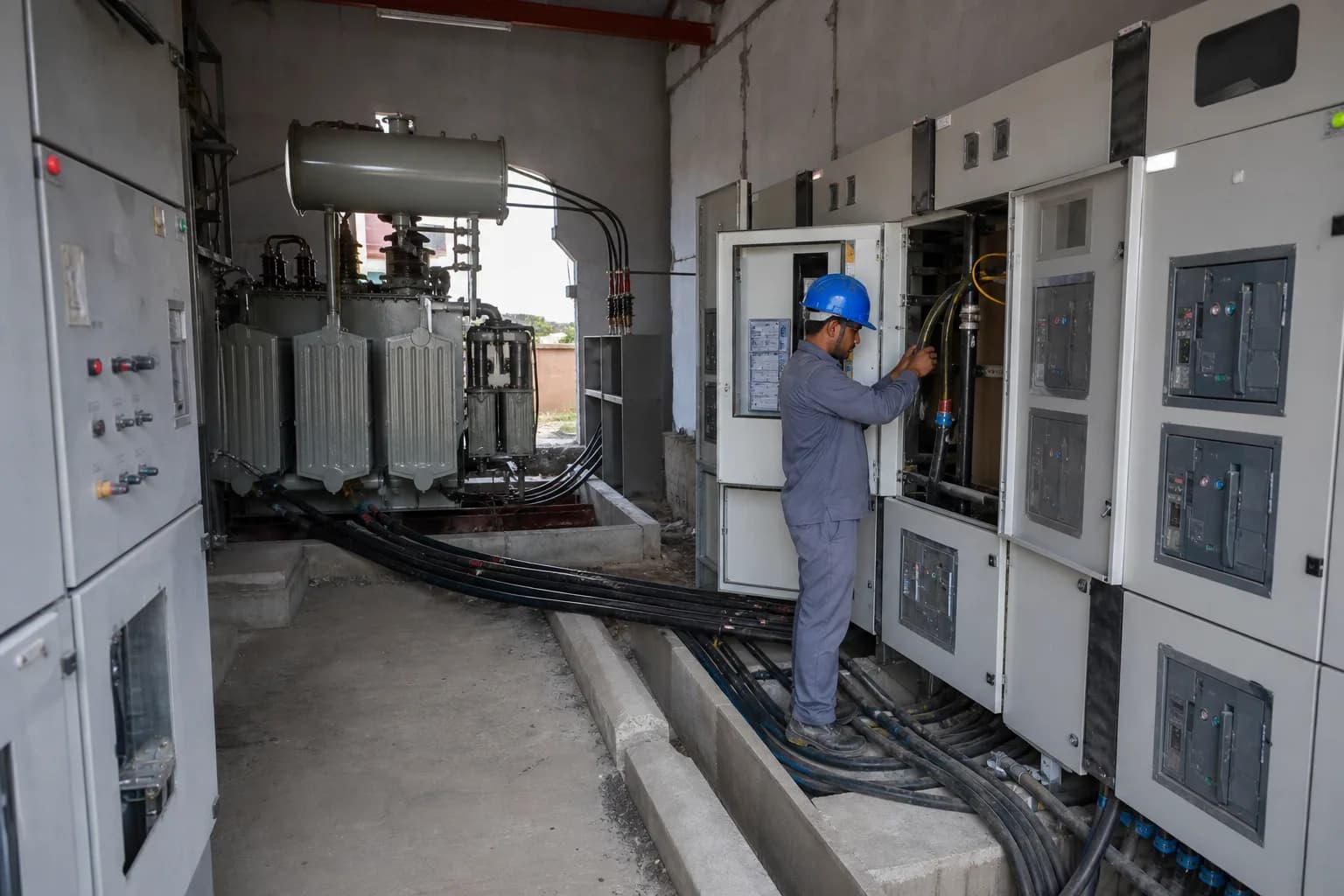 A technician working inside a turnkey HT substation installation