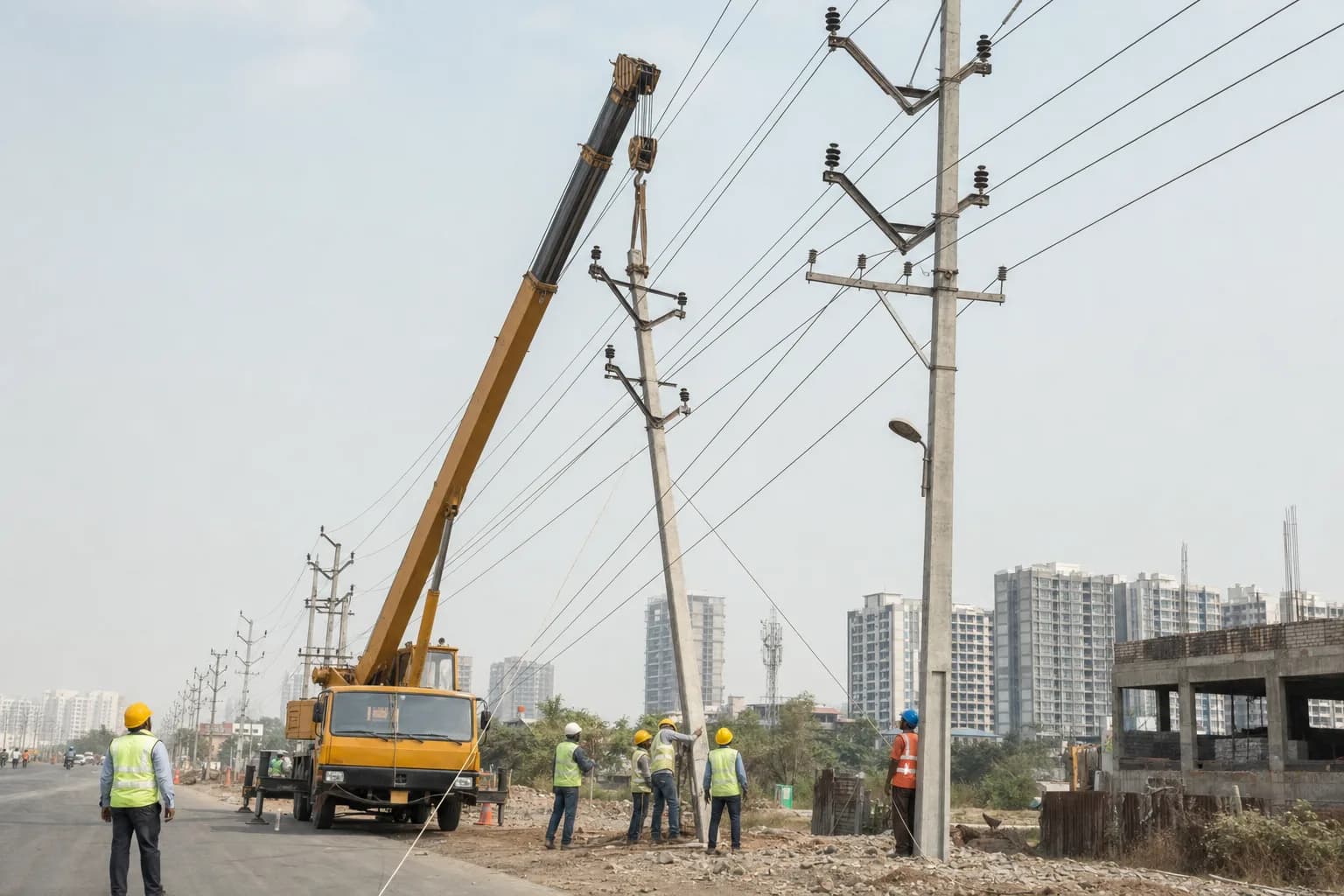 A crane and line crew erecting a concrete HT utility pole in Ulwe