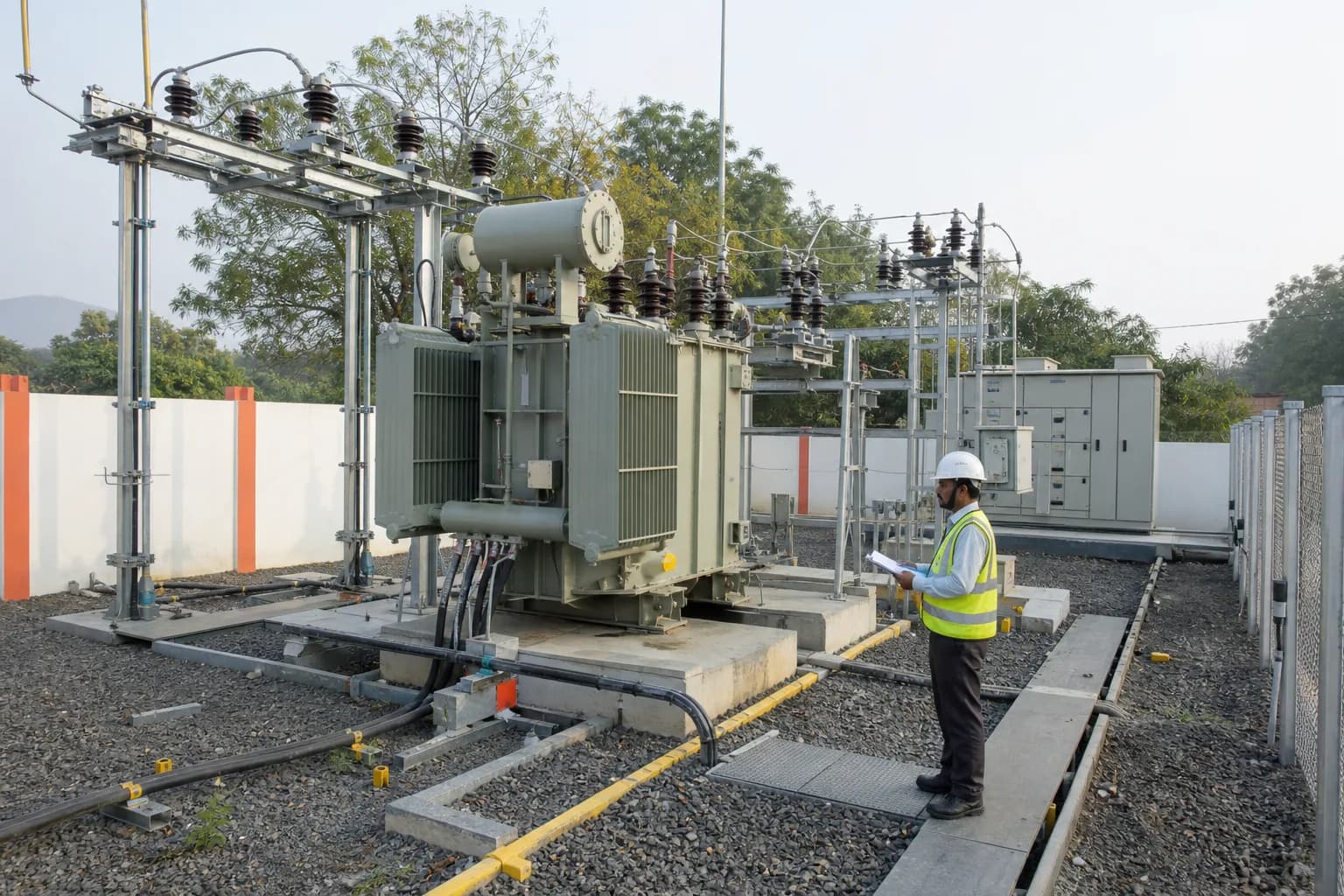 An engineer completing a final inspection of an outdoor HT substation
