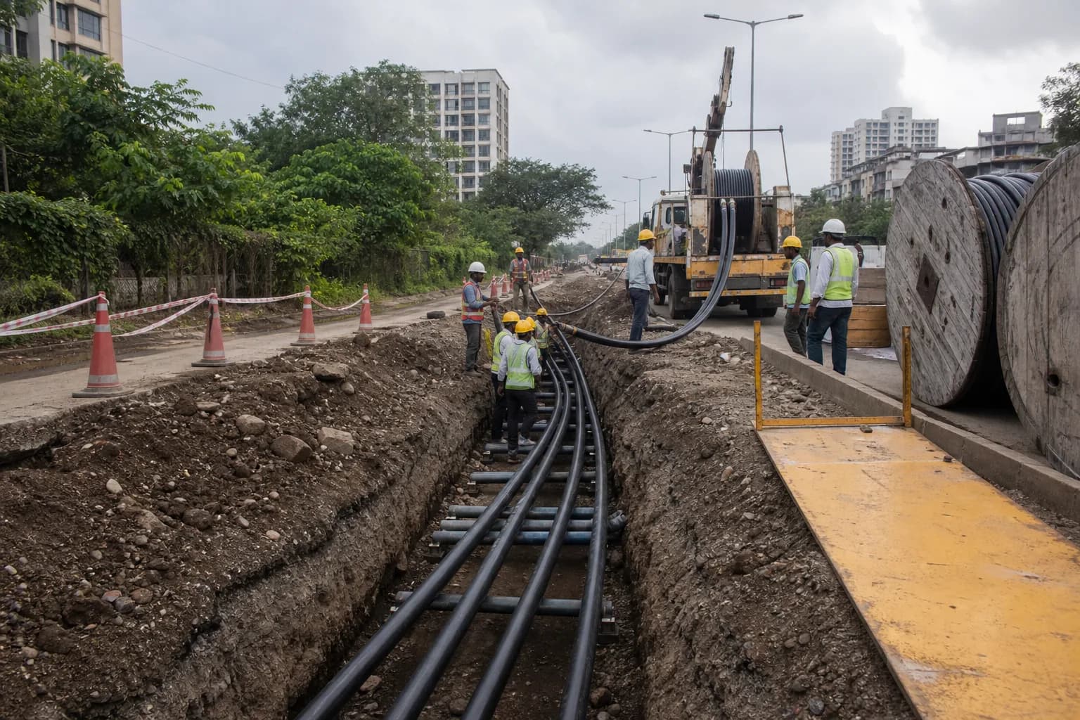 XLPE power cables being installed in an urban cable trench