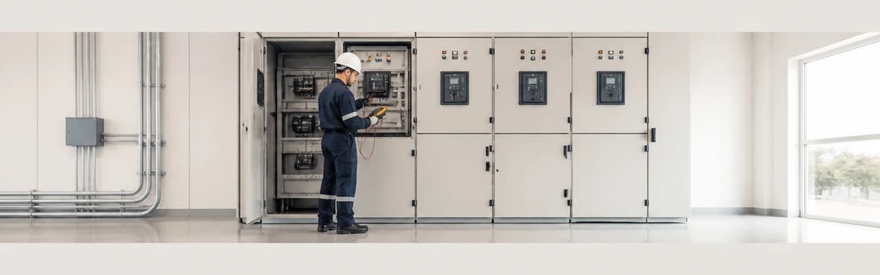 Electrical engineer testing switchgear during maintenance